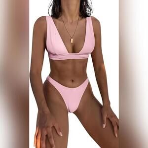 NWOT Miketai Deep V Neck Thong Halter Bikini Swimsuit, Large